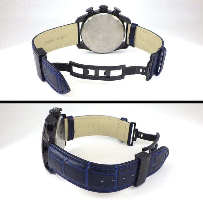  ヴェルサーチェ VERSACE 腕時計 V-RAY サンレイ ブルー文字盤 デイト クロノグラフ スモールセコンド 牛革ベルト SS クオーツアナログ 腕時計(デジタル) 時計