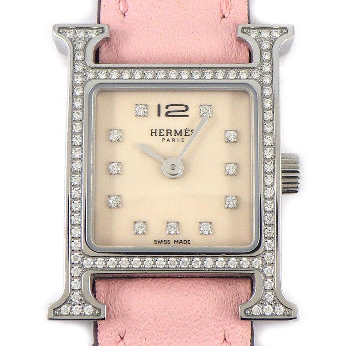 エルメス HERMES 腕時計 Hウォッチ ミニ HH 1.131 ダイヤベゼル|11 PDインデックス スクエア ピンク文字盤 牛革ベルト SS クオーツアナログ 箱 保付き