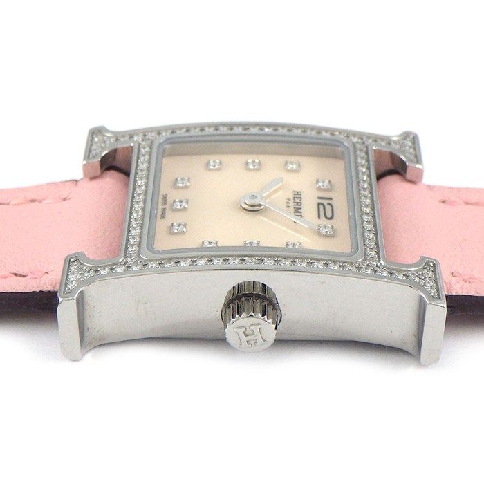 エルメス HERMES 腕時計 Hウォッチ ミニ HH 1.131 ダイヤベゼル|11 PDインデックス スクエア ピンク文字盤 牛革ベルト SS クオーツアナログ 箱 保付き