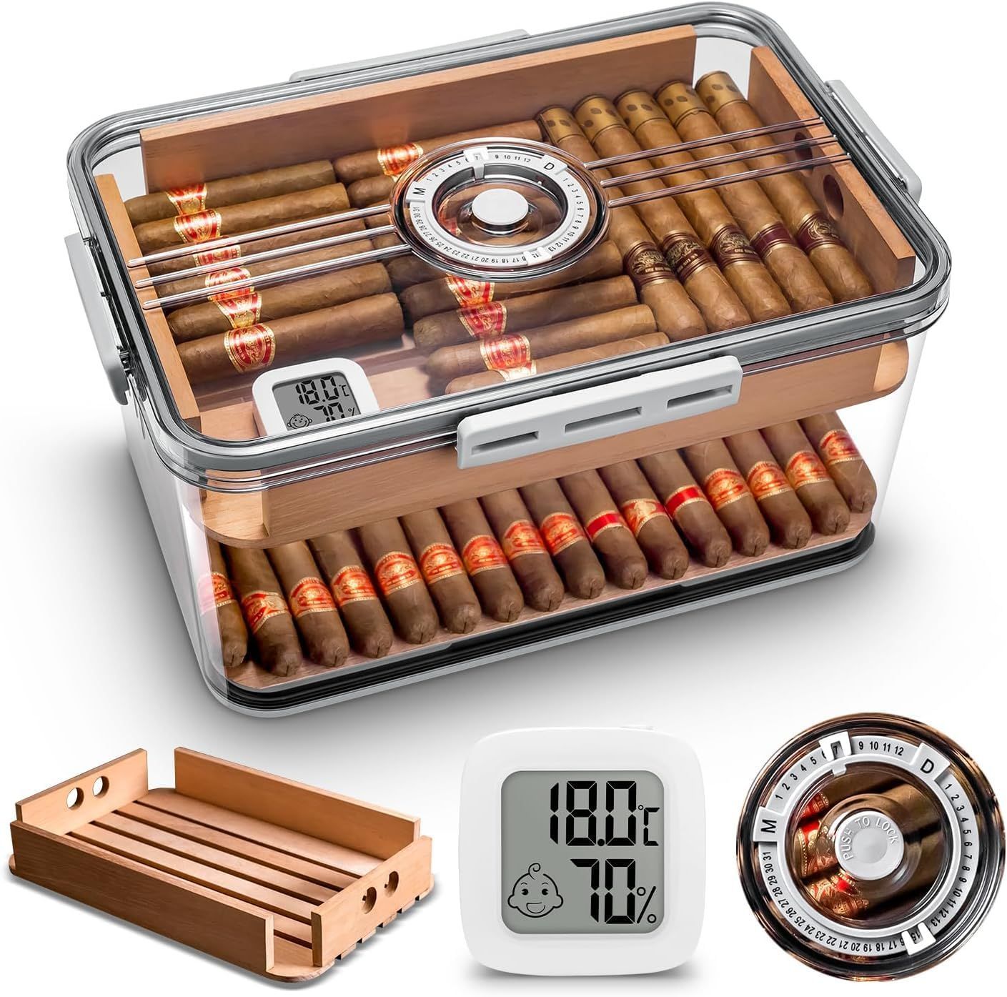 CIGARLOONG 葉巻 ヒュミドール 杉材＆PP マルチストア収納ボックス 湿度計付き 葉巻100本収納可能