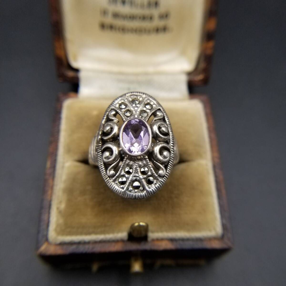 アメジスト マーカサイト 装飾 オーバル ヴィンテージ リング 925 シルバー 銀 指輪 透かし 曲線美 オープンワーク エレガント R 15-V