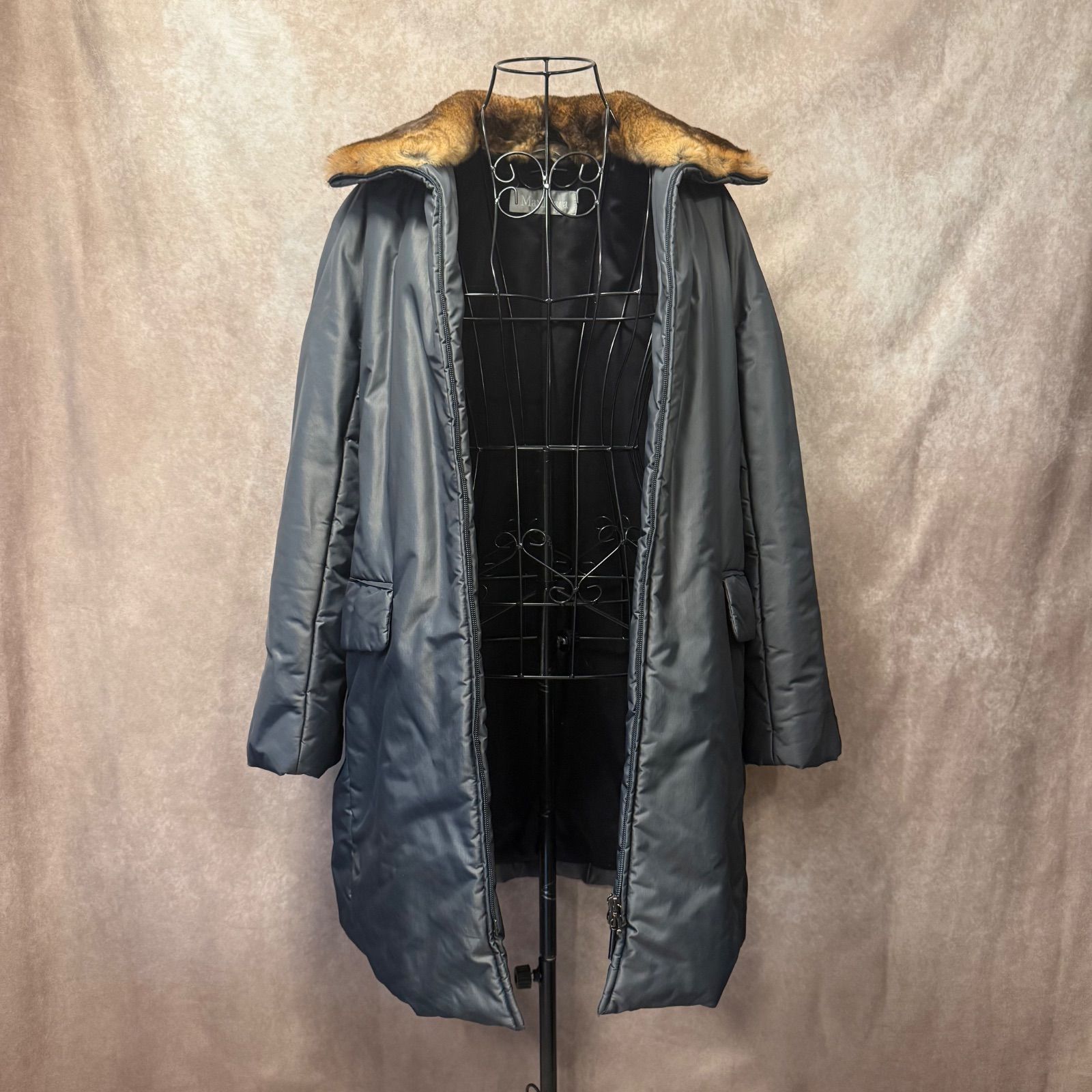 Max Mara マックスマーラ 銀タグ ファー付き コート 38 シルバーグレー