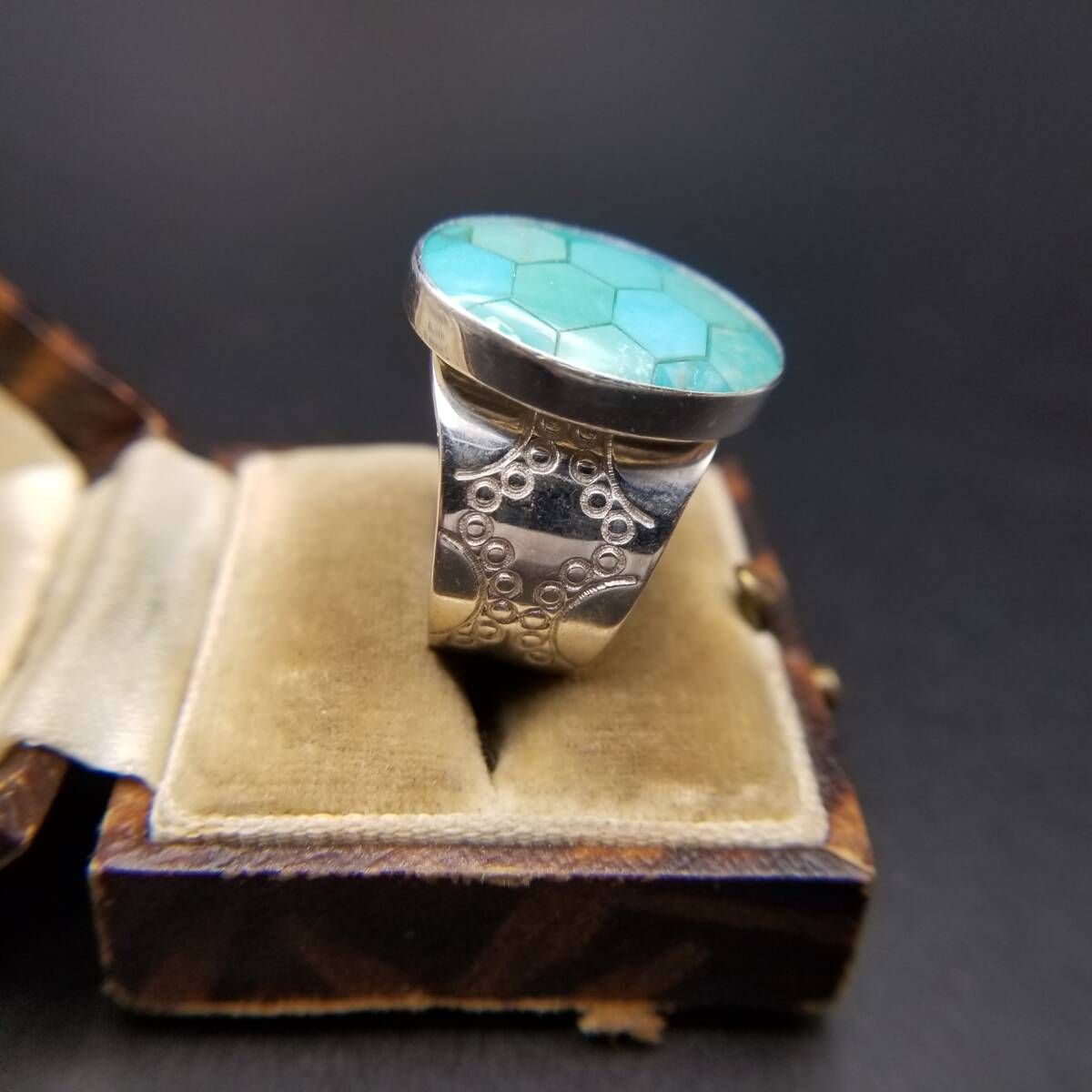 Jay King DTR ハチの巣 ターコイズ インレイ 925 シルバー ヴィンテージ リング 銀 丸模様 サイド装飾 個性派ジュエリー R 16-C