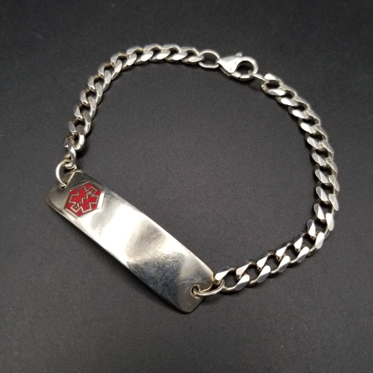 American Medical ID社製 メディカルアラート 925 シルバー ヴィンテージ ブレスレット 銀 長方形プレート 喜平チェーン R 16-D