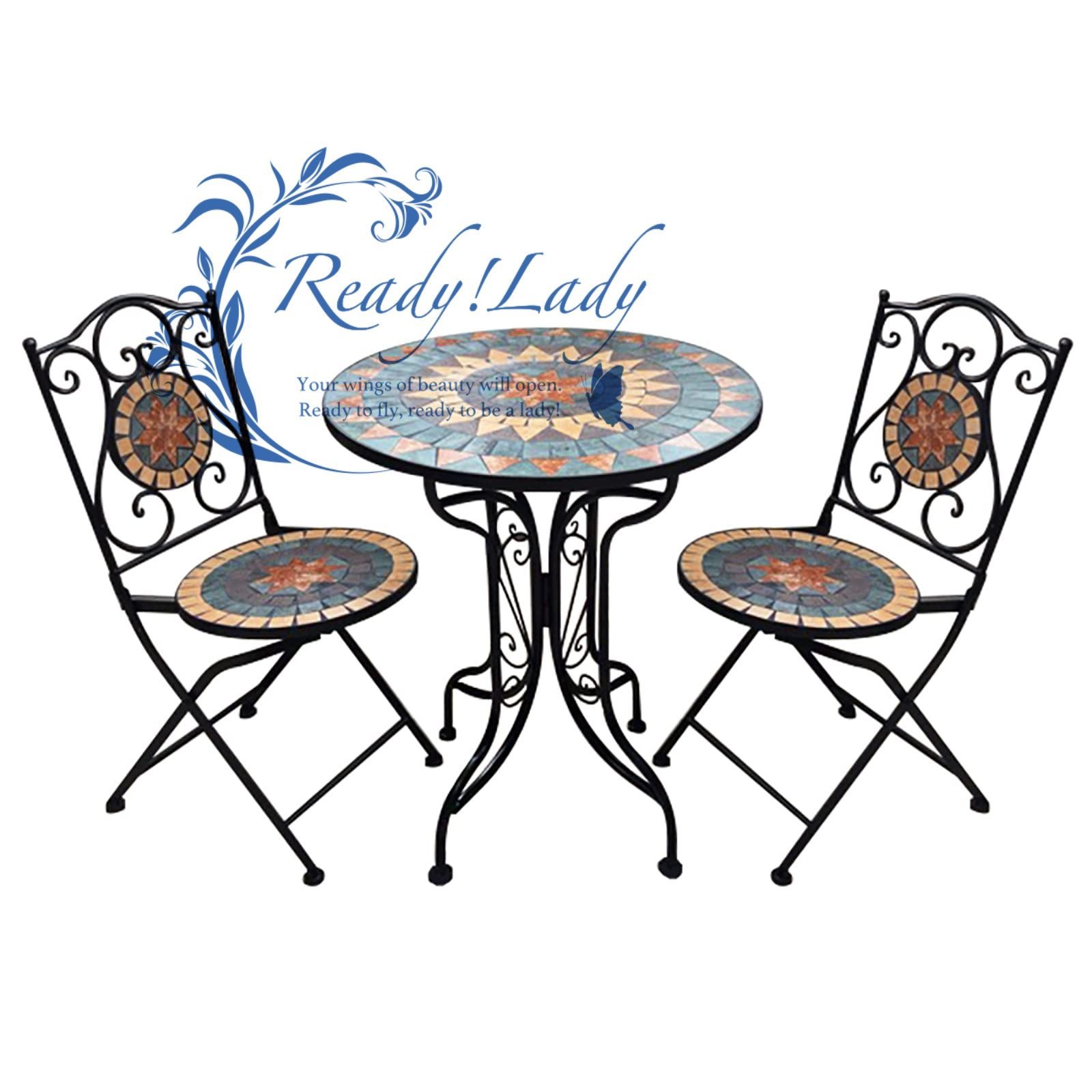 ガーデンテーブル ガーデン家具 ガーデンテーブルセット 3点セット タイルテーブル 背もたれ 錬鉄フレーム 青銅のテーブルと椅子2脚