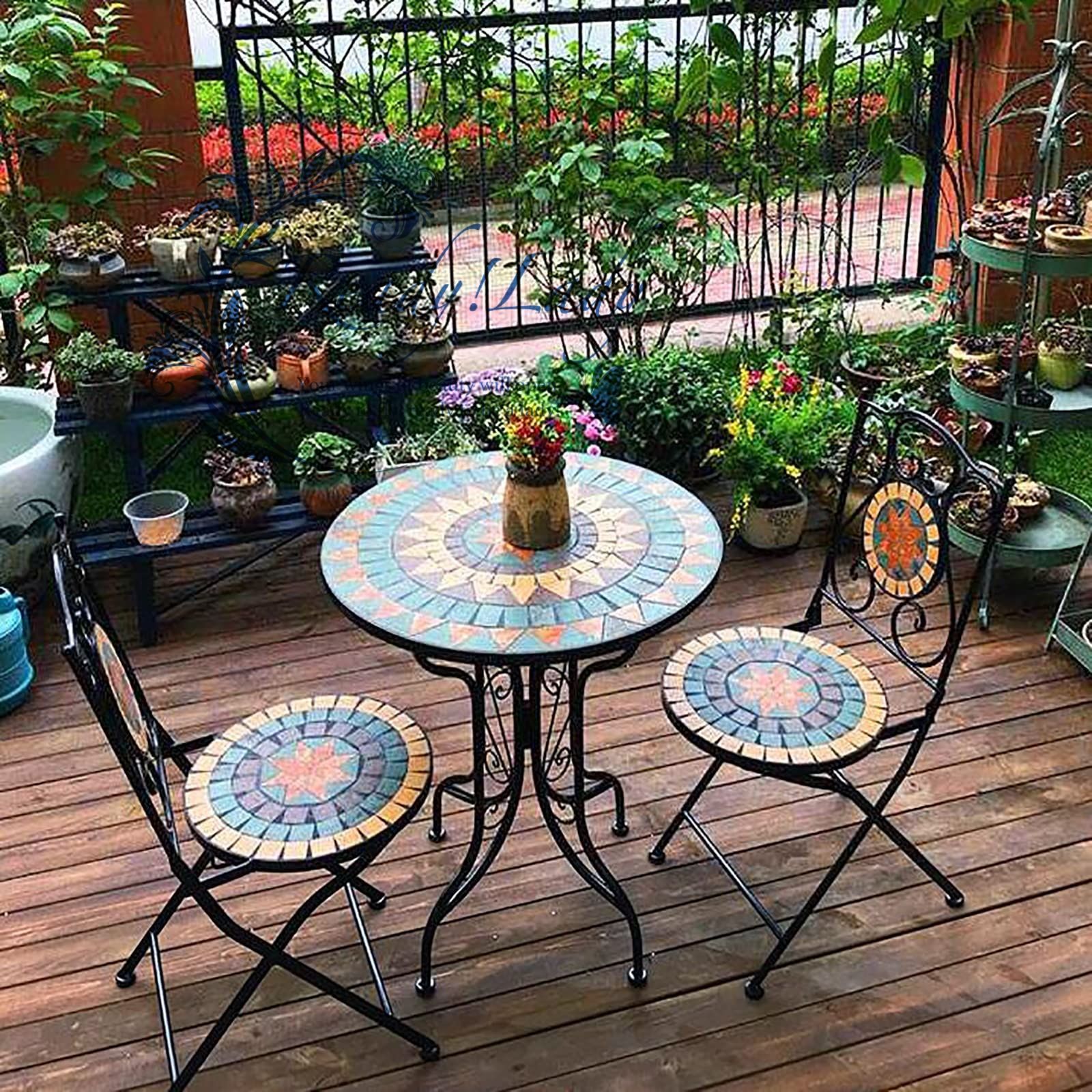 ガーデンテーブル ガーデン家具 ガーデンテーブルセット 3点セット タイルテーブル 背もたれ 錬鉄フレーム 青銅のテーブルと椅子2脚