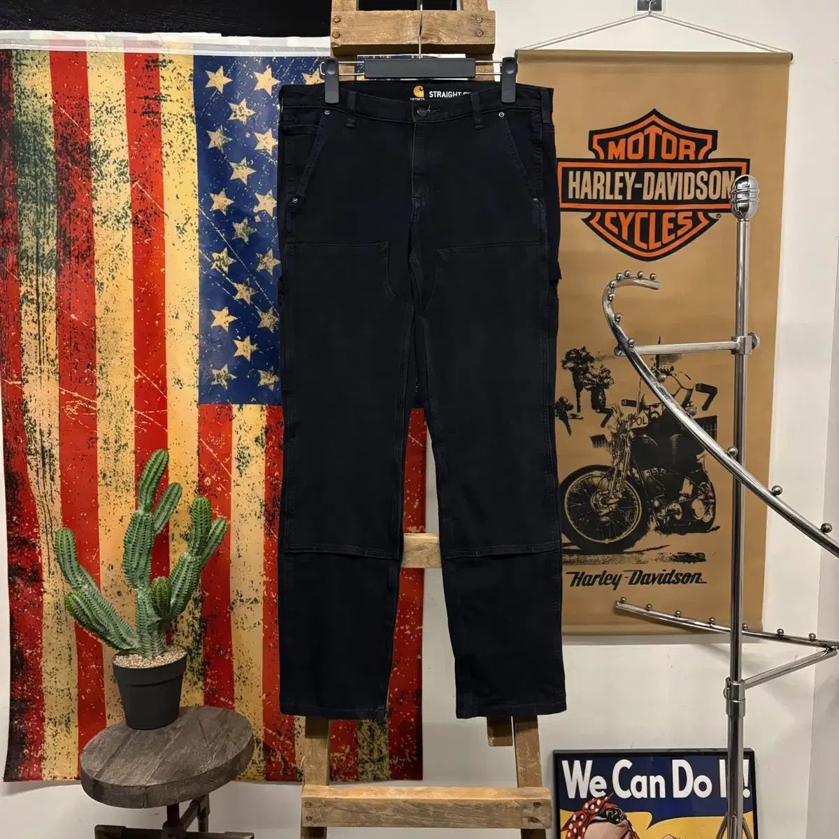 カーハート オリジナル ストレート ダブルニー カーペンター デニム ブラックジーンズ N 385