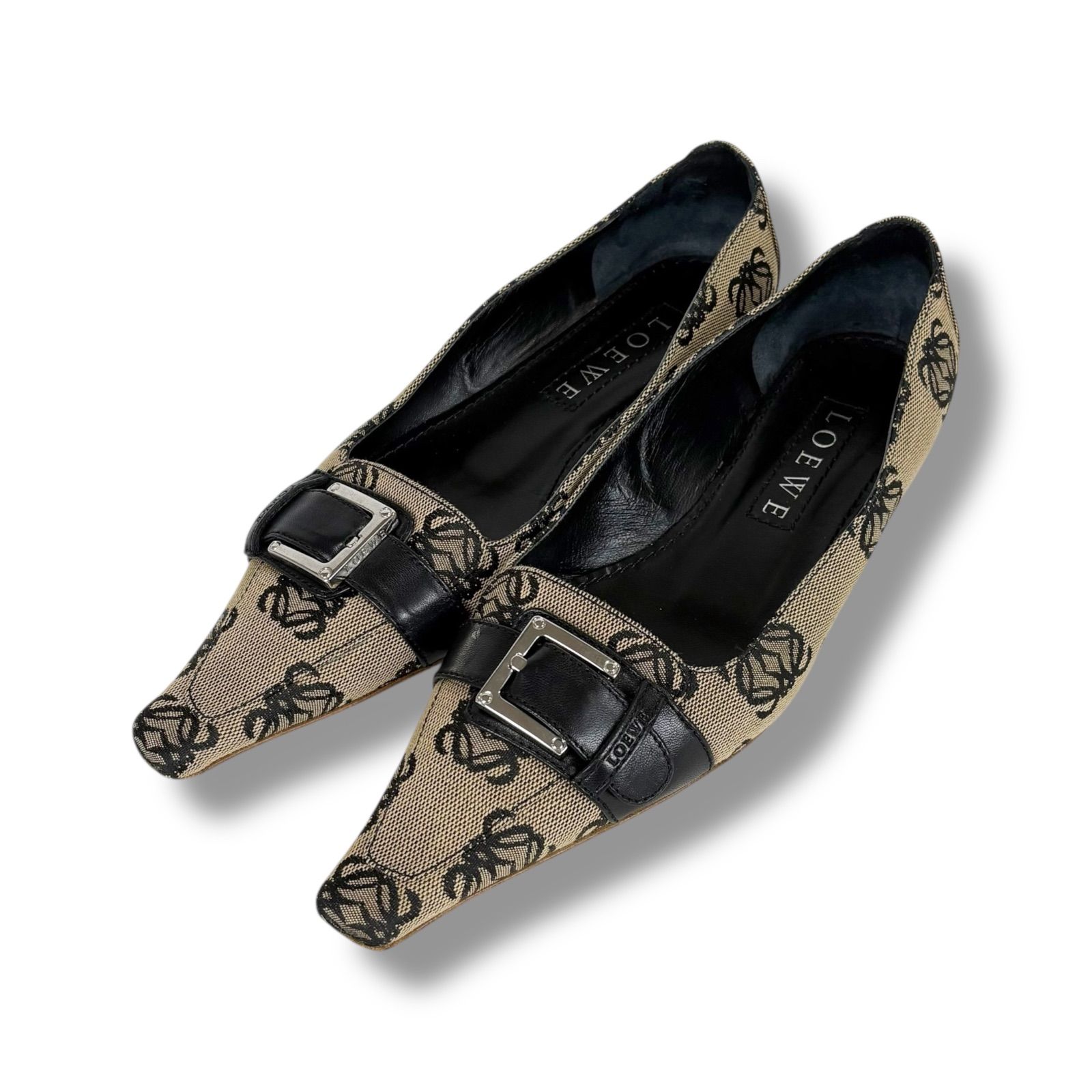 ロエベ LOEWE リピートアナグラムロゴ パンプス スクエアトゥ ローヒール ネイビー キャンバス 37ハーフ