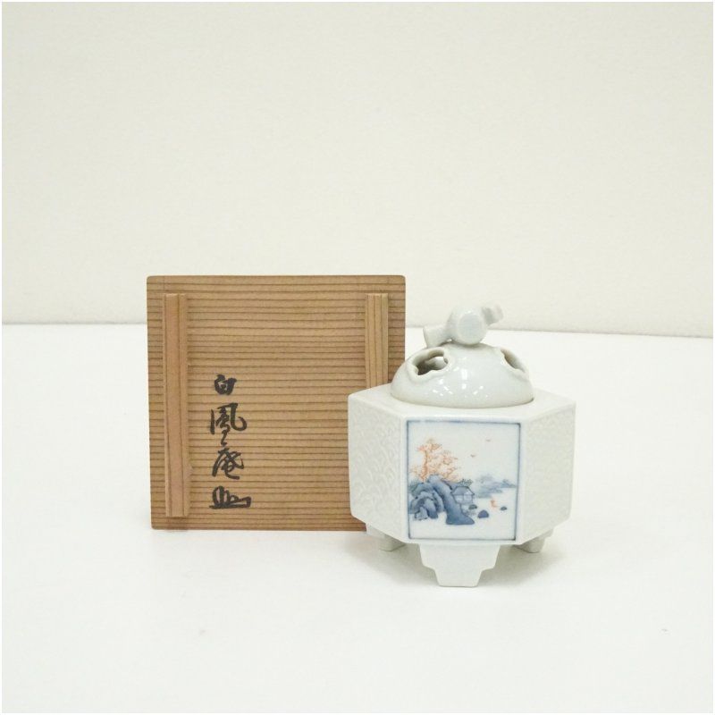 染付山水図六角香炉（白鳳庵書付）（共箱） 香道具 お香 おしゃれ