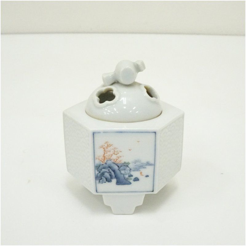 染付山水図六角香炉（白鳳庵書付）（共箱） 香道具 お香 おしゃれ