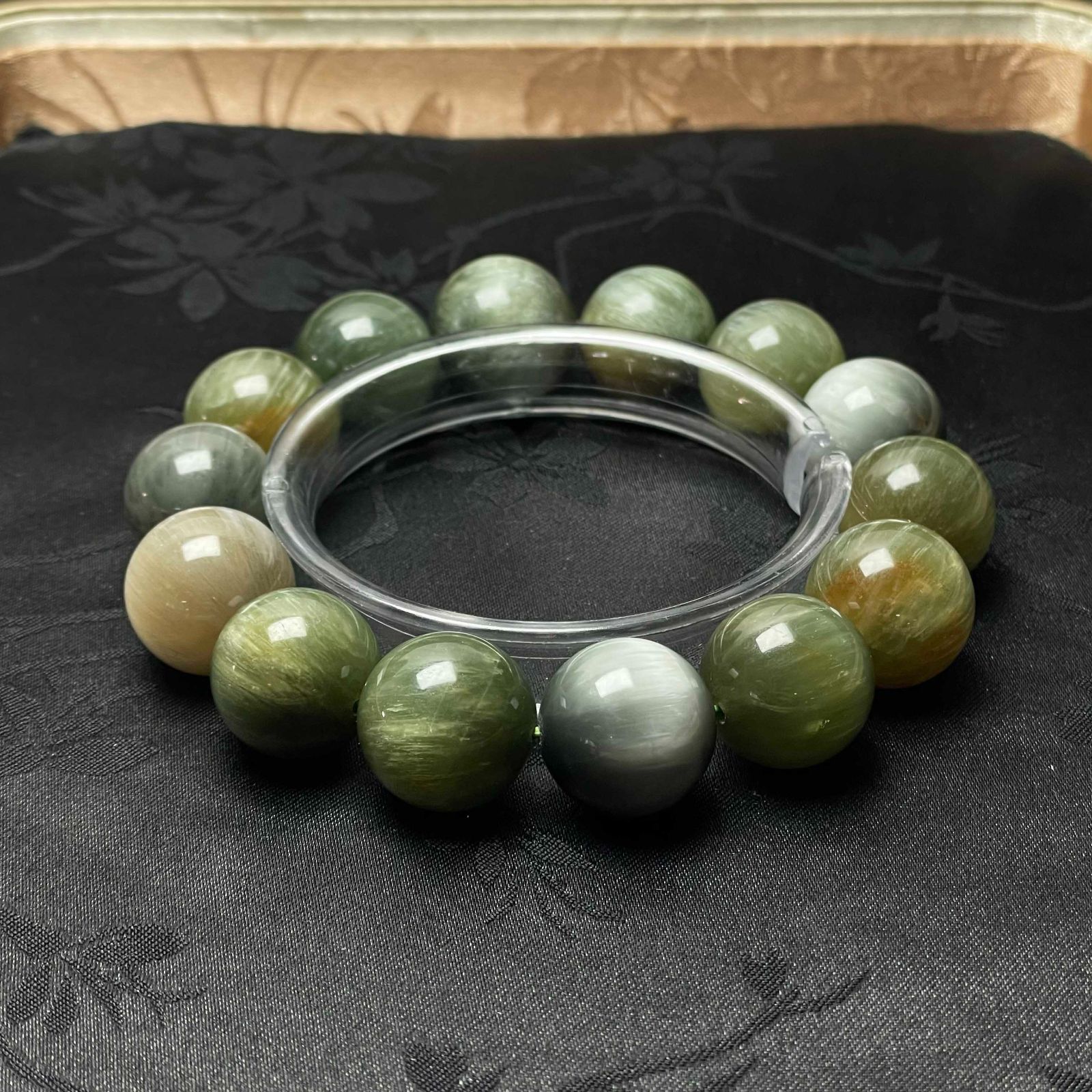 天然石☆【75A猫目アクチノライト】☆緑閃石ブレスレット 天然石 16.4