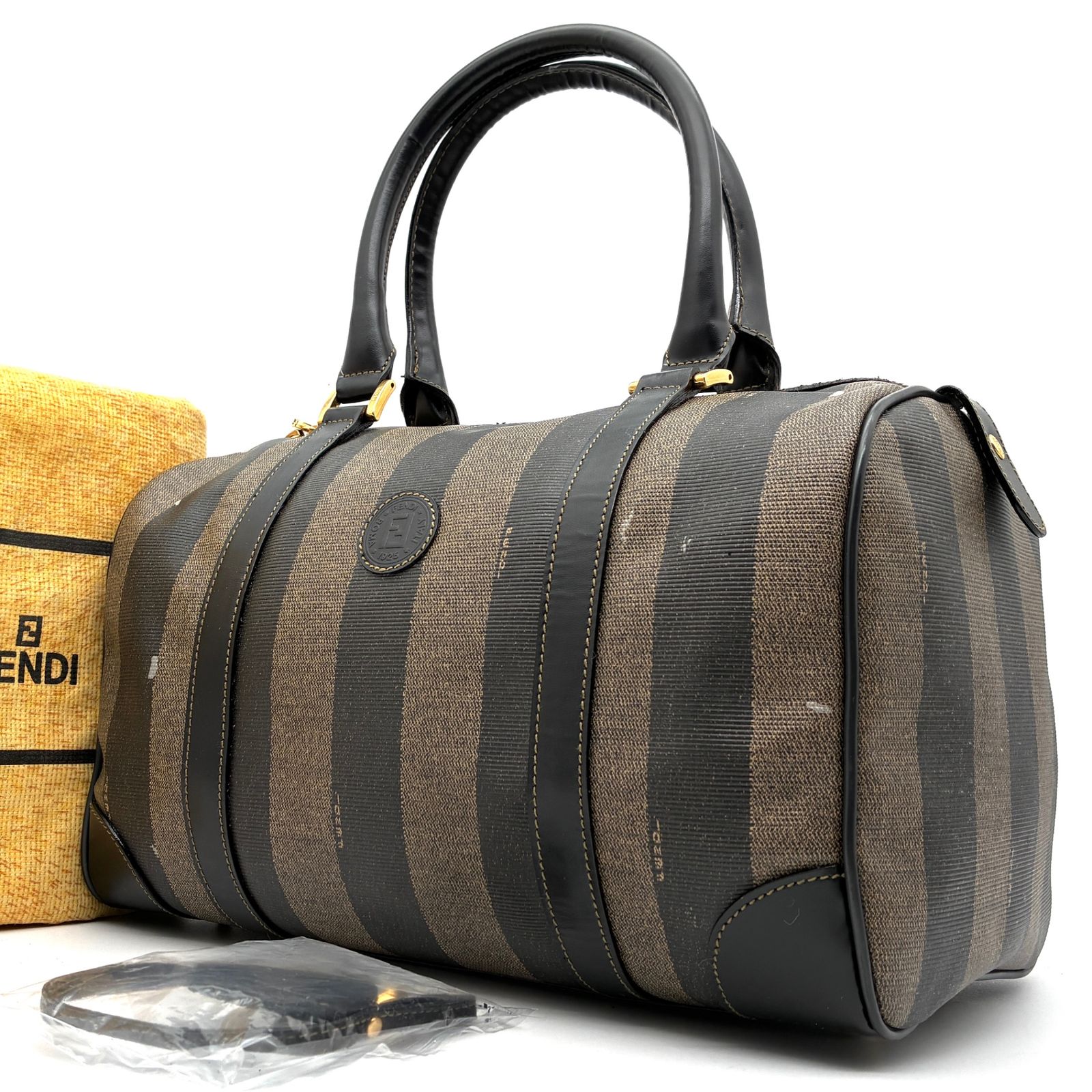 FENDI フェンディ ペカン ミニボストン ハンドバッグ ズッカ FFロゴ ブラウン ブラック レザー 本革 PVC レディース ヴィンテージ 南京錠 鍵付き