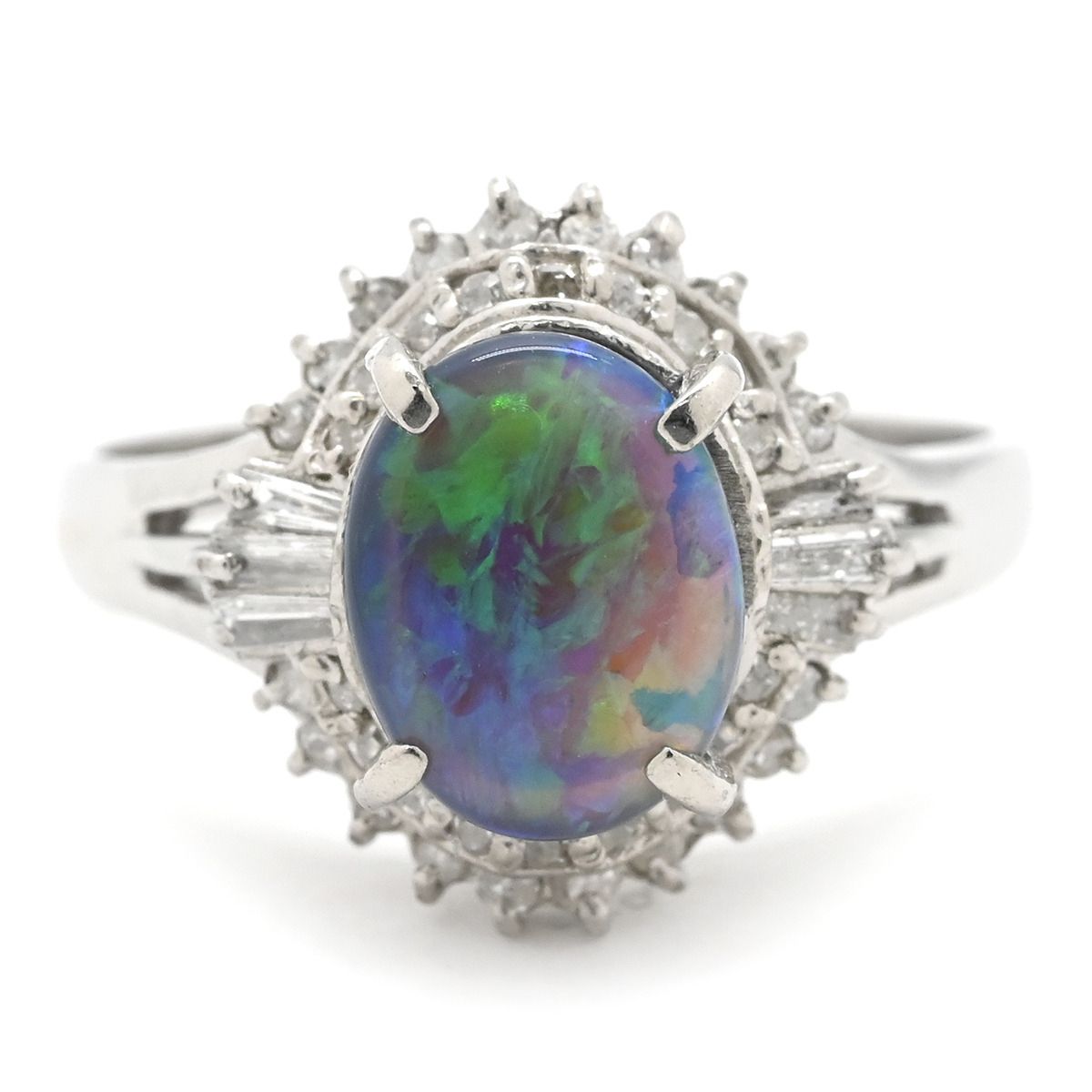 リング 指輪 ブラックオパール 0.8 ct ダイヤモンドリング プラチナシルバー オーバルカット 1石 1粒 マルチカラー 遊色 13.5号