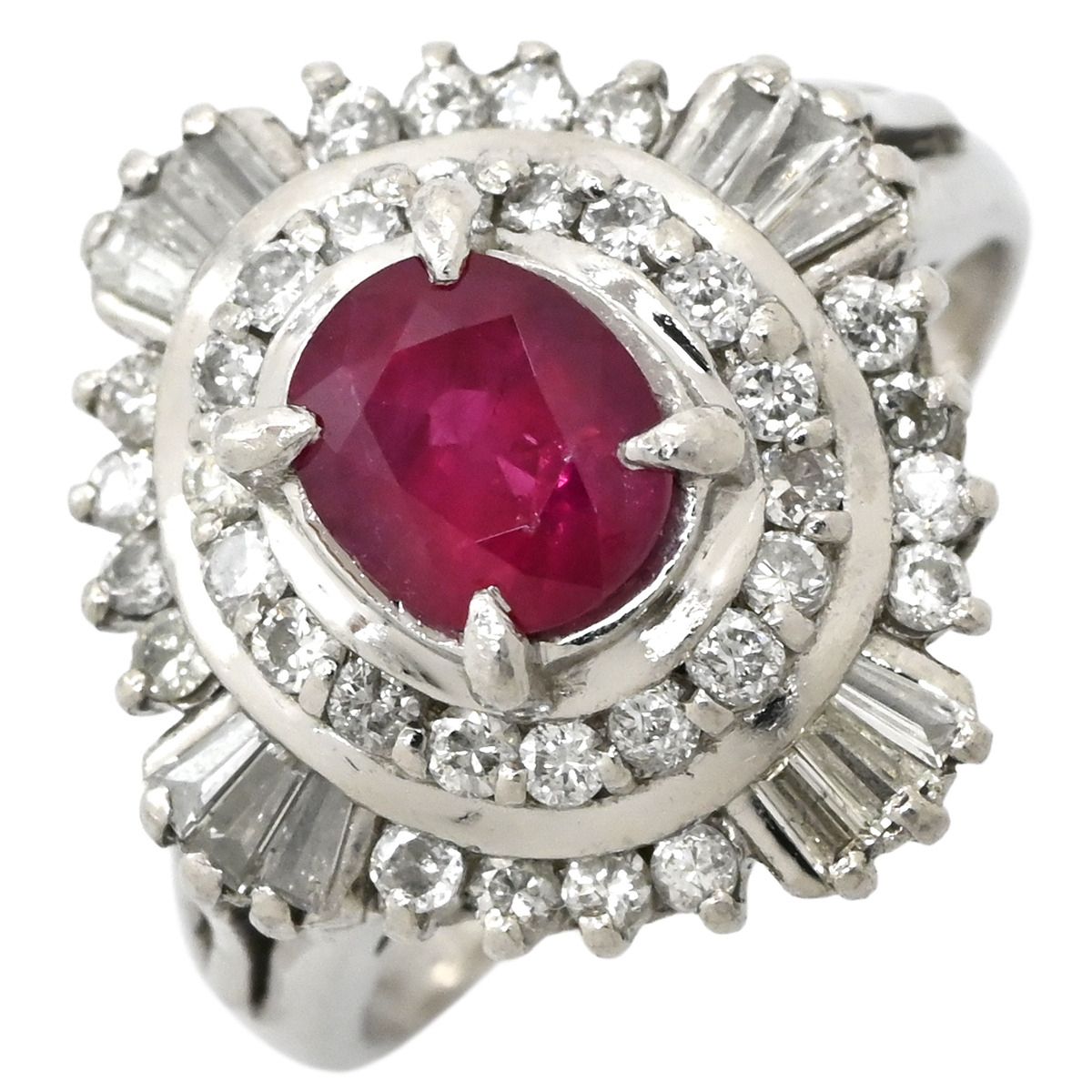 リング 指輪 ルビー 1.223 ct ダイヤ レッド×プラチナシルバー 赤 1 P 1石 1粒 プラチナ Pt 900 メレダイヤ パヴェ バケットカット オーバル 楕円 12号
