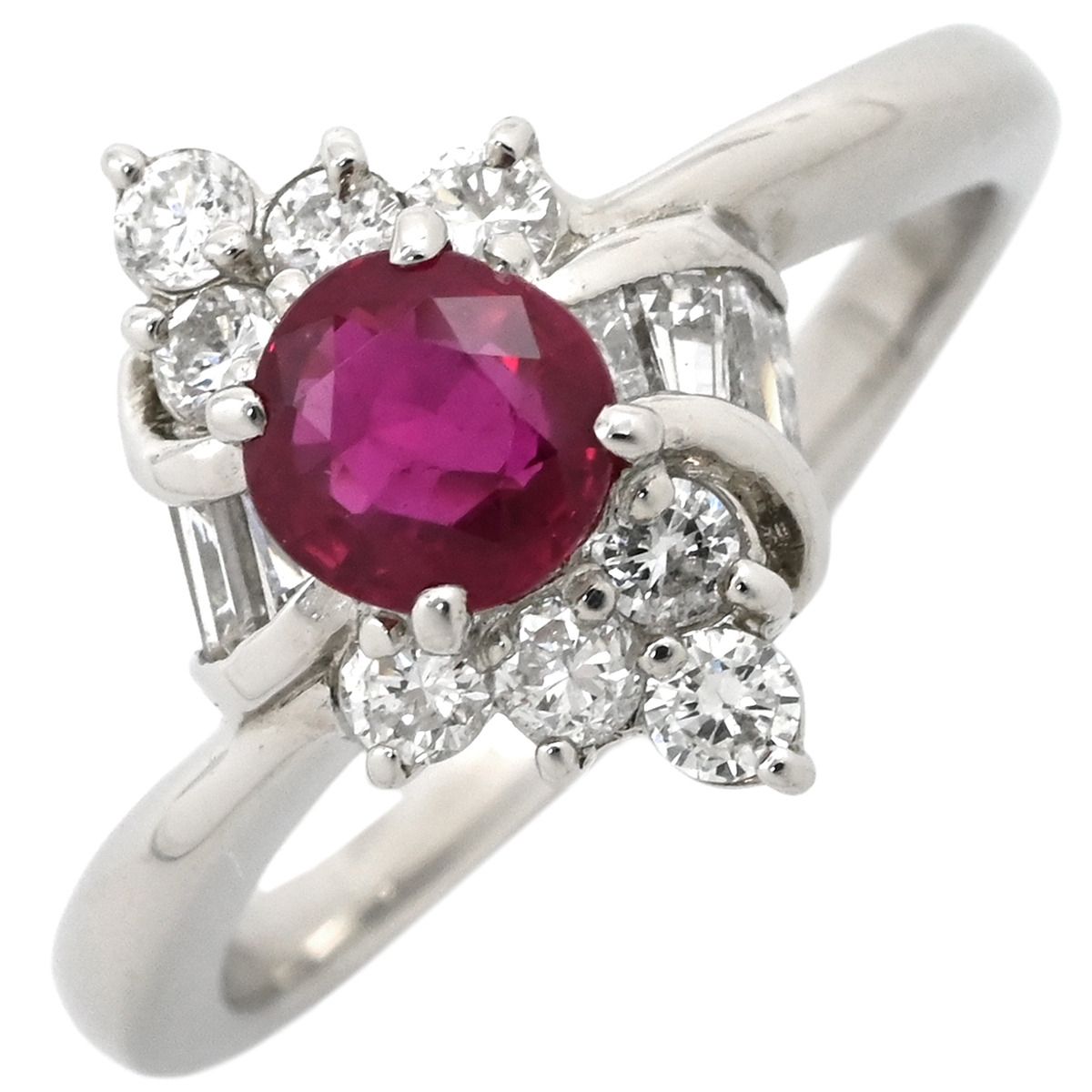 リング 指輪 ルビー 0.63 ct ダイヤ 0.48 レッド×プラチナシルバー 赤 1 P 1石 1粒 プラチナ Pt 900 メレダイヤ パヴェ バケットカット 10号