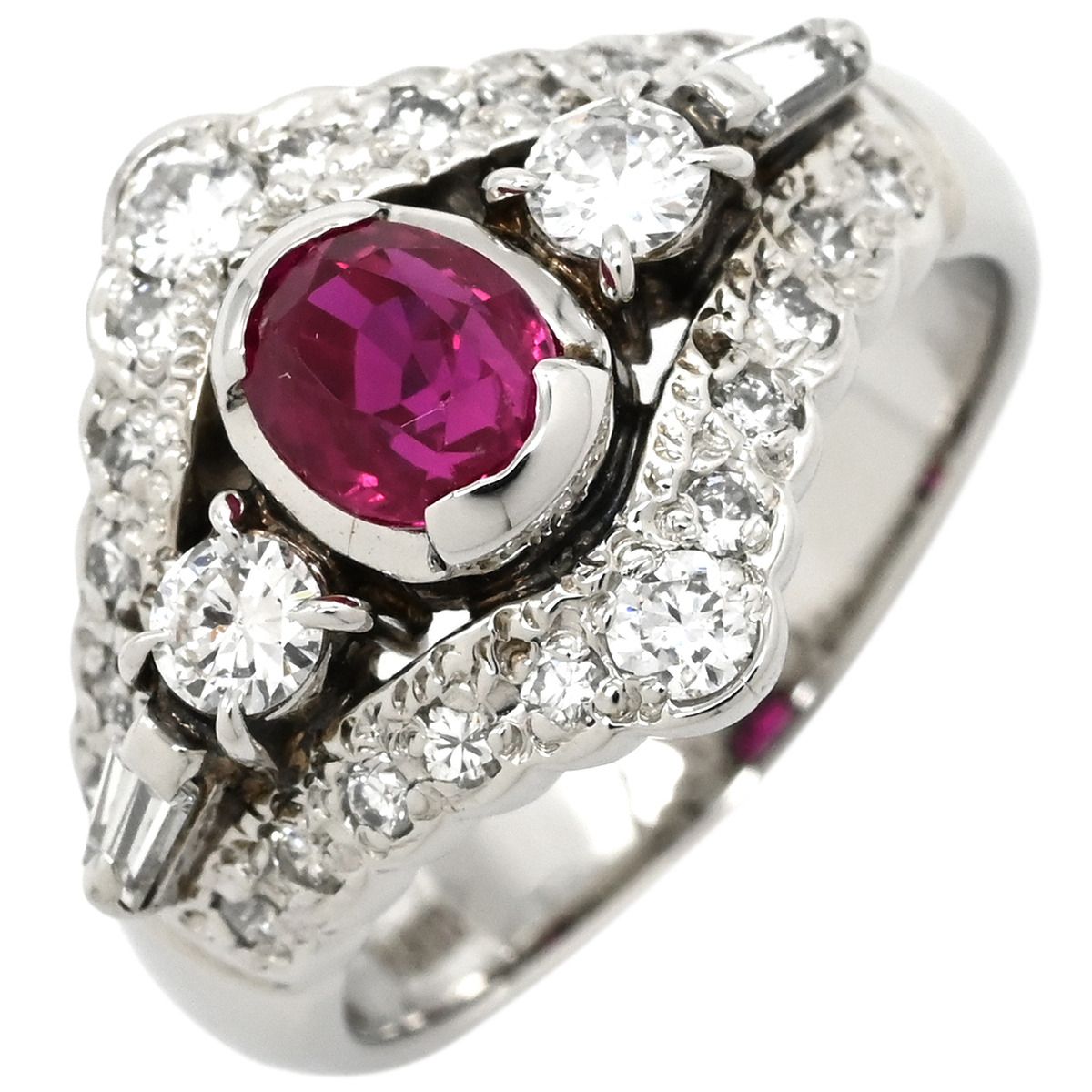 リング 指輪 ルビー 0.94 ct ダイヤ 0.68 レッド×プラチナシルバー 赤 1 P 1石 1粒 プラチナ Pt 900 メレダイヤ パヴェ バケット オーバル 楕円 12号