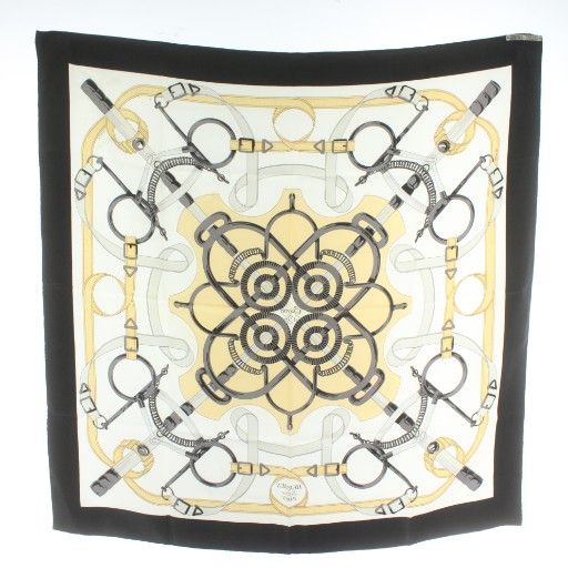 エルメス HERMES カレ90 EPERON D OR 黄金の拍車 スカーフ 絹 シルク 大判 ロゴ 総柄 黒 ブラック ベージュ |XZ OH GY 17