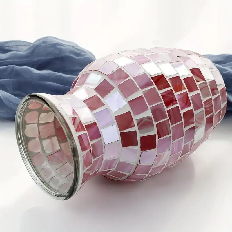 ガラス　花瓶　花器　フラワーベース　オブジェ　ピンク 新品?未使用】 花瓶 フラワーベース 花器 ガラス モザイク ピンク