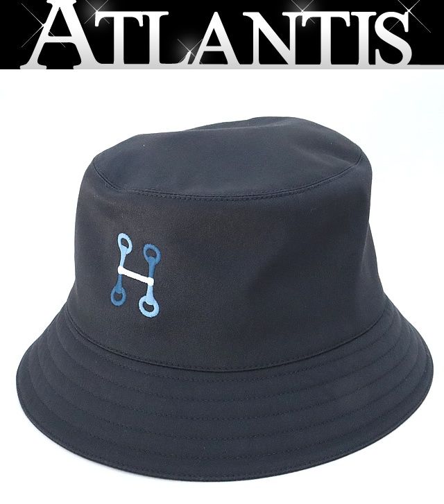 エルメス HERMES フレッド Hモール ロゴ刺繍 バケットハット ブラック×マリン size 60 18096