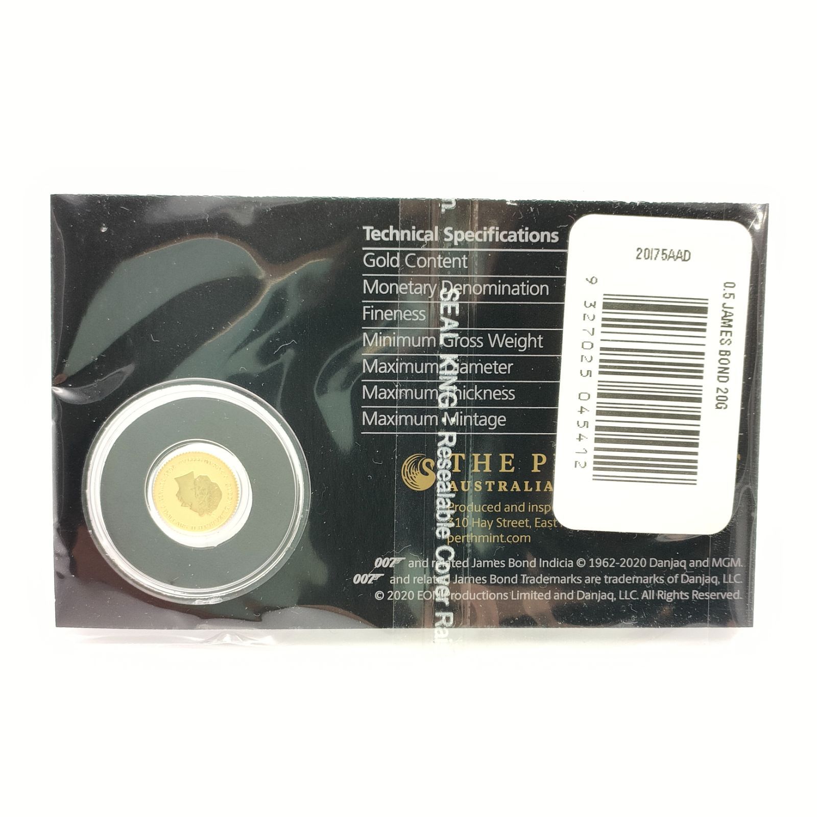 ジェームズ ボンド 007 金貨 コイン 純金 ゴールド 2020 0 5 g カード BOND JAMES エリザベス 貨幣