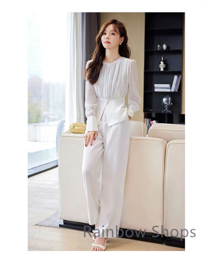 パンツスーツ セットアップ レディース 2点セット トップス 異素材切り替え ワイドパンツ 春 秋 ビジネススーツ ブラウス 着痩せ シンプル カジュアル
