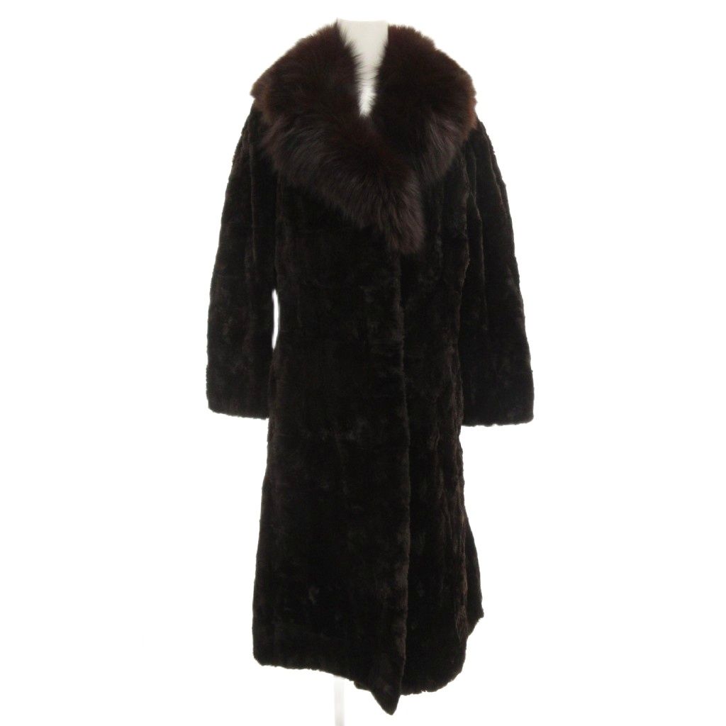 ノーブランド ラムファーコート 毛皮 ロング 衿フォックスファー 切替 13 茶 ブラウン GV GY 18
