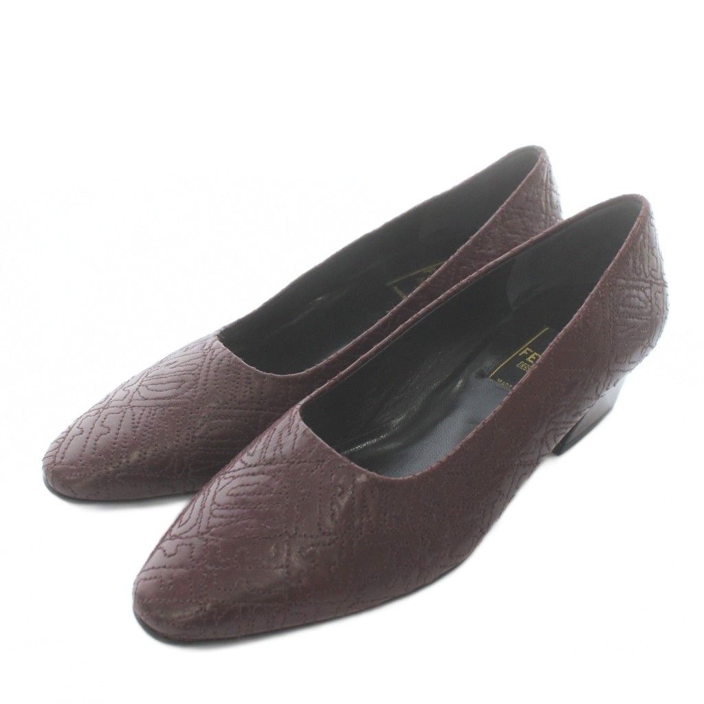 フェンディ FENDI パンプス レザー ラウンドトゥ チャンキーヒール ロゴ キルティング 36 23㎝ ボルドー XZ GY 11