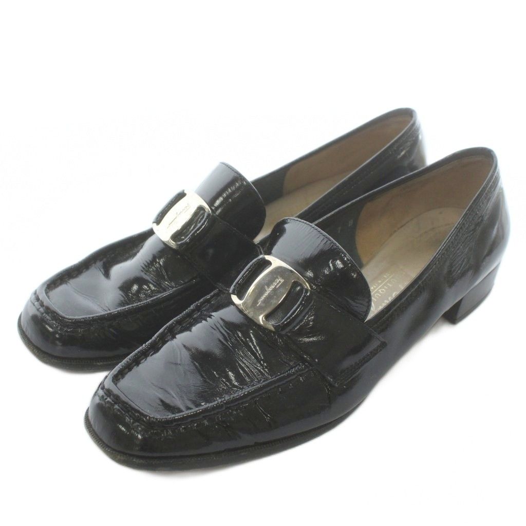サルヴァトーレフェラガモ Salvatore Ferragamo ヴァラ ローファー パンプス エナメル スクエアトゥ ロゴ 7 24㎝ 黒 ブラック |XZ GY 14