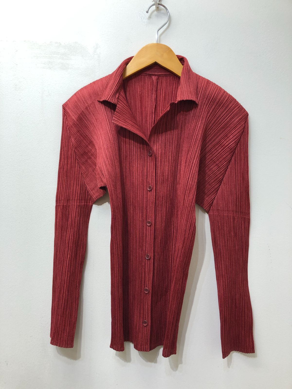 811 PLEATS PLEASE プリーツプリーズ イッセイミヤケ 開襟 シャツブラウス ジャケット ３ えんじ