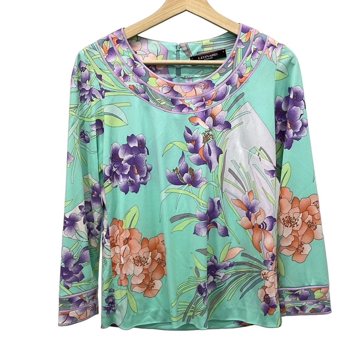 LEONARD レオナール 長袖カットソー サイズ40 M レディース - ライトグリーン×パープル×マルチ クルーネック|カンカン素材|花柄
