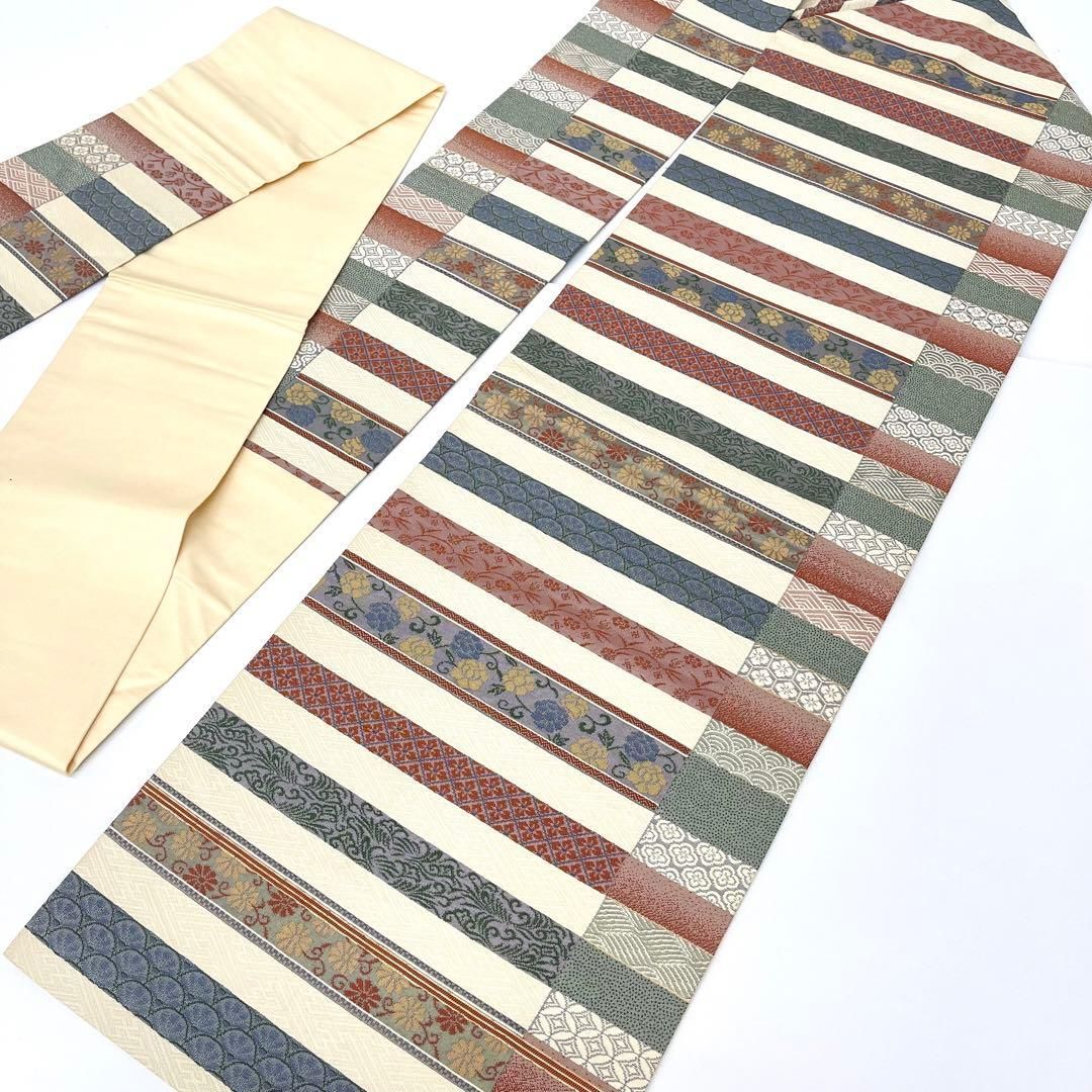 着物と帯 時流 N 25201 s◆正絹 九寸名古屋帯◆ベージュ 花 横段