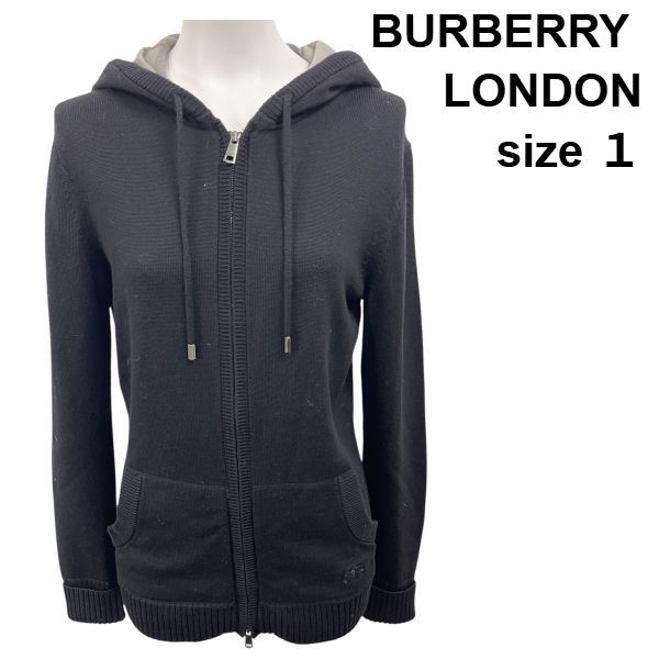 ◆ バーバリーロンドン LONDON パーカー ニット ジップ アップ 黒 毛 １ S レディース 6 A 091