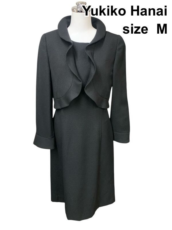 ◆ ユキコハナイ Yukiko Hanai ワンピーススーツ セットアップ 長袖ジャケット 半袖膝丈ワンピース 黒 9 M 9号 レディース H 6 A 031