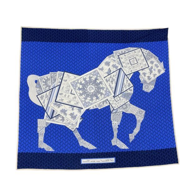 ● エルメス HERMES カレ90 スカーフ バンダナ A Cheval sur mon Carre カレの馬に乗って 馬蹄柄 ブルー系 シルク100％ レディース 6 D 001