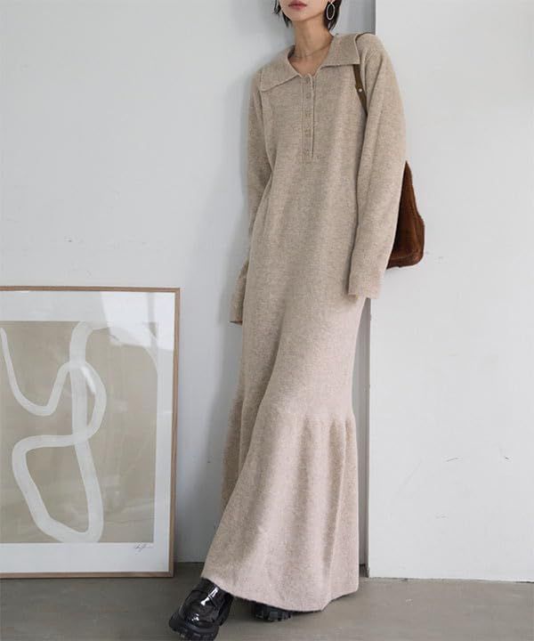神戸レタス ポロニット ワンピース レディース 秋 冬 秋服 冬服 ニットワンピ 長袖 マーメイド ポロ ロング マキシ丈 セーター ゆったり ワンマイル ママ 体型カバー カジュアル フェミニン 楽ちん E 3565 po