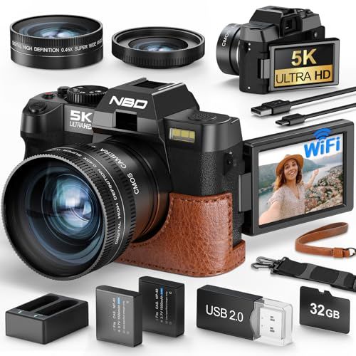 NBD 5 K 6400万画素 デジタルカメラ 革ハーフケース付き Wi-Fiとアプリ制御 16倍ズーム 一眼レフカメラ 180°フリップスクリーン | オートフォーカス?手ぶれ補正 |マクロ 広角レンズ＆ウェブカメラ機能 32 GB TFカード＆ のバpo