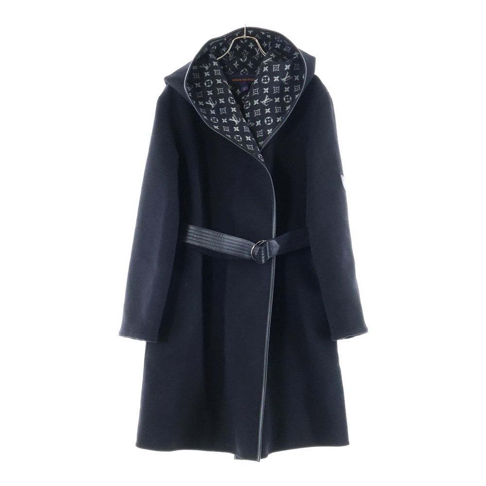 LOUIS VUITTON ルイヴィトン 裏地モノグラム総柄 レザーパイピング ウール フーデッド ガウン ロング コート ブラック A 409