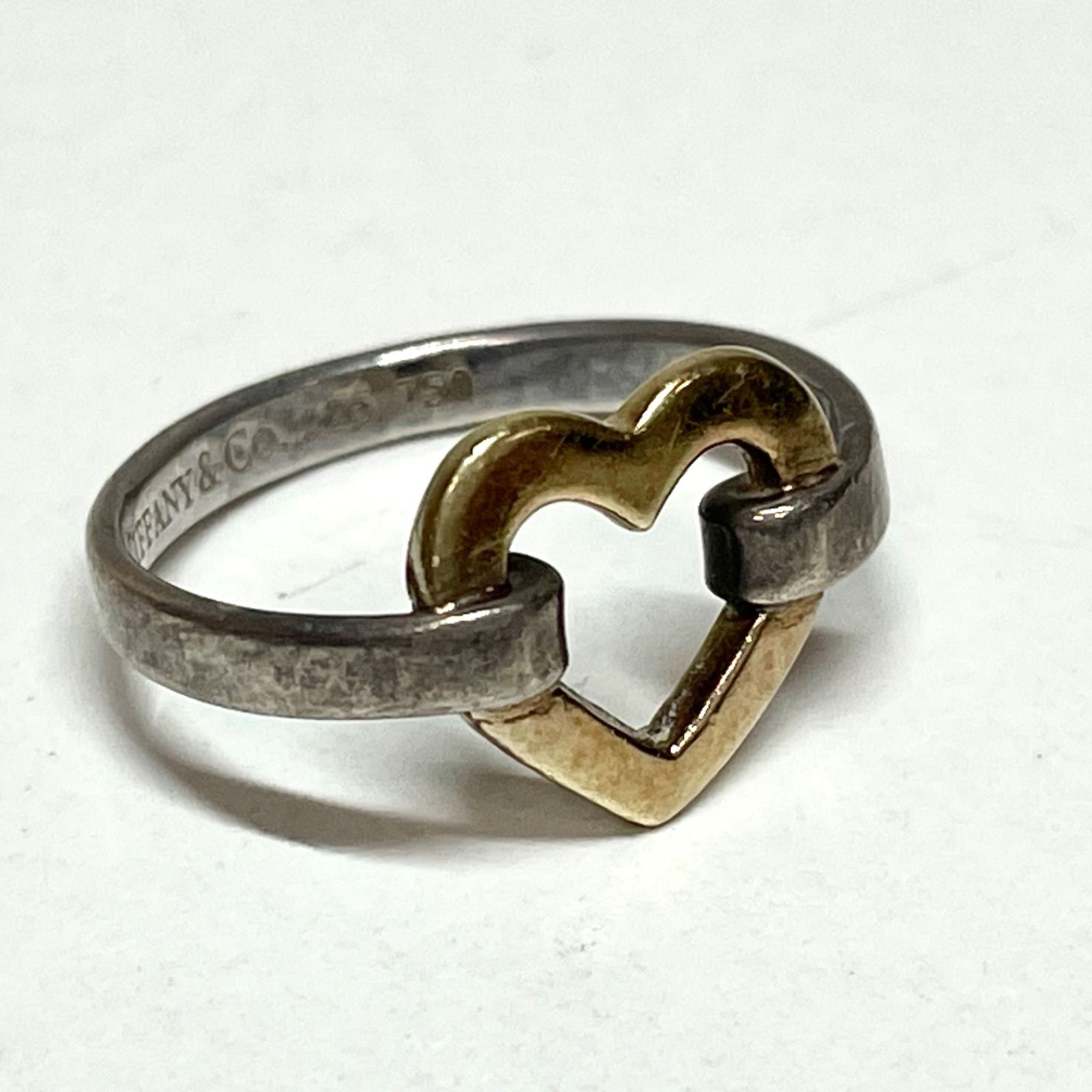 品 Tiffany-Co. ティファニー コンビ オープンハート リング 指輪 750 18 k YG SV 925 9号 レディース SA