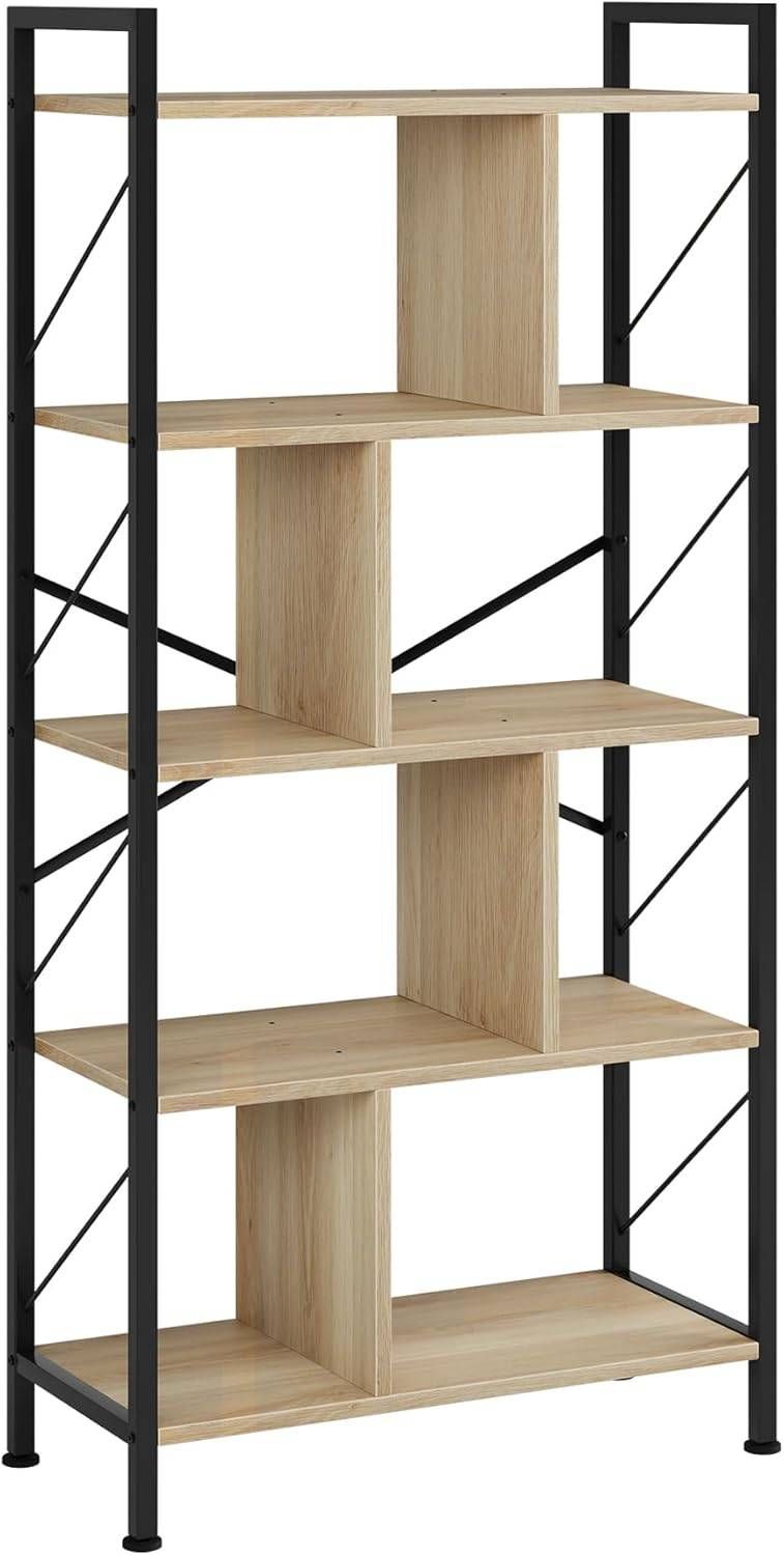 オープンラック 木製 5段 ラック 棚 オープンシェルフ 幅74 cm 収納ラック アシンメトリーデザイン オーク