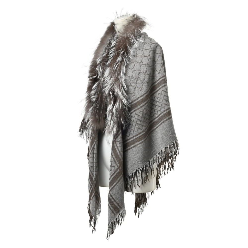 美品⭐︎グッチ　GG柄ストールマフラー　リボン　フォクスファー　シルク　GUCCI GUCCI GG柄 フォックスファー付き シルクウール マフラー ストール