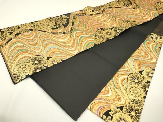 平和屋着物▽六通柄袋帯 流水花文 黒地 金糸 正絹 逸品 DAAZ6939fe
