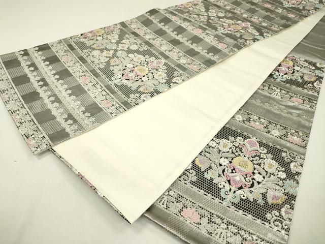 平和屋着物▽六通柄袋帯 横段洋花文 金銀糸 正絹 逸品 DAAZ6950fe