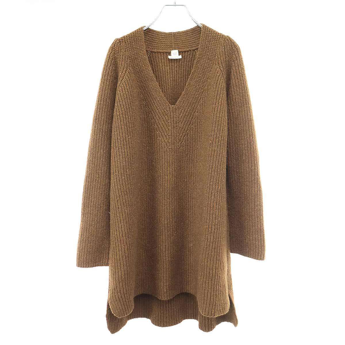 HERMES エルメス Vネックヤクウールニットワンピース ブラウン 38