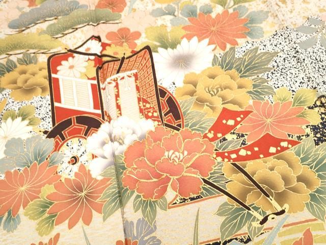 平和屋着物▽豪華振袖 駒刺繍 御所車花文 金彩 正絹 逸品 CABB7027th