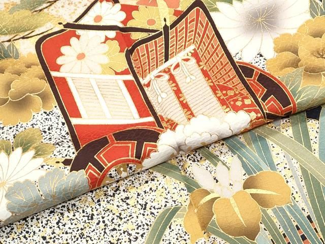 平和屋着物▽豪華振袖 駒刺繍 御所車花文 金彩 正絹 逸品 CABB7027th
