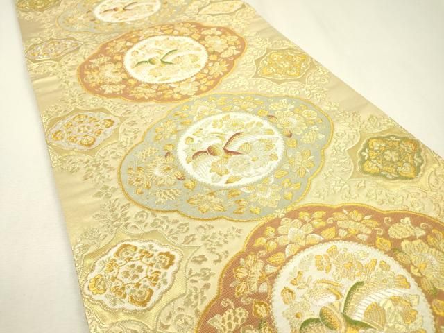 平和屋着物▽六通柄袋帯 手織 鳳凰花絵皿文 金糸 正絹 逸品 DABB1029fe