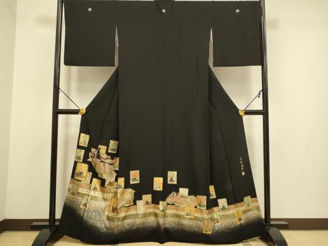 黒留袖　作家もの　雅道　金彩　螺鈿細工　金閣寺　花模様　着物　075a p 平和屋着物▽豪華黒留袖 作家物 螺鈿 万葉蒔絵 金彩 正絹 逸品