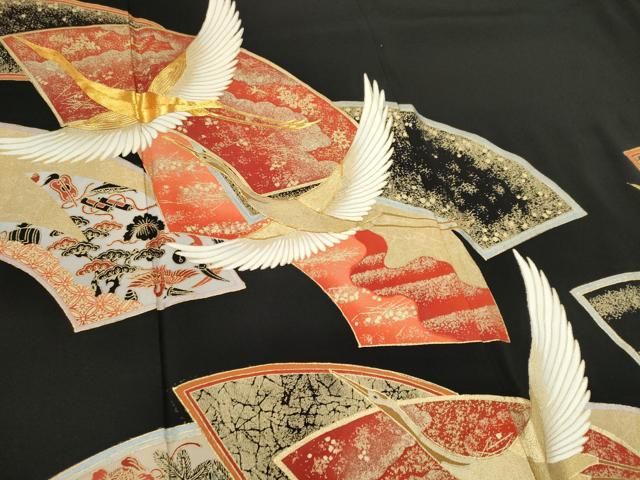 平和屋着物□豪華黒留袖 駒刺繍 地紙飛鶴文 金彩 正絹 逸品 CABB1869ou