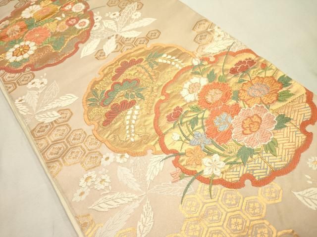 平和屋着物◎六通柄 本袋帯 唐織 作家物 雪輪取牡丹菊文 金糸 正絹