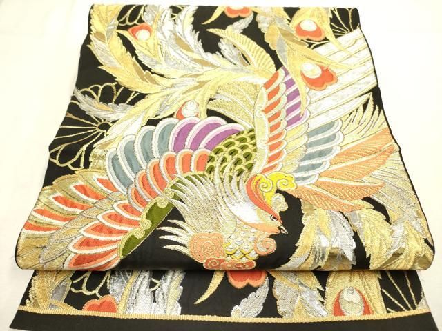 平和屋着物◎六通柄袋帯 鳳凰花文 黒地 金銀糸 正絹 逸品 DABA6764op